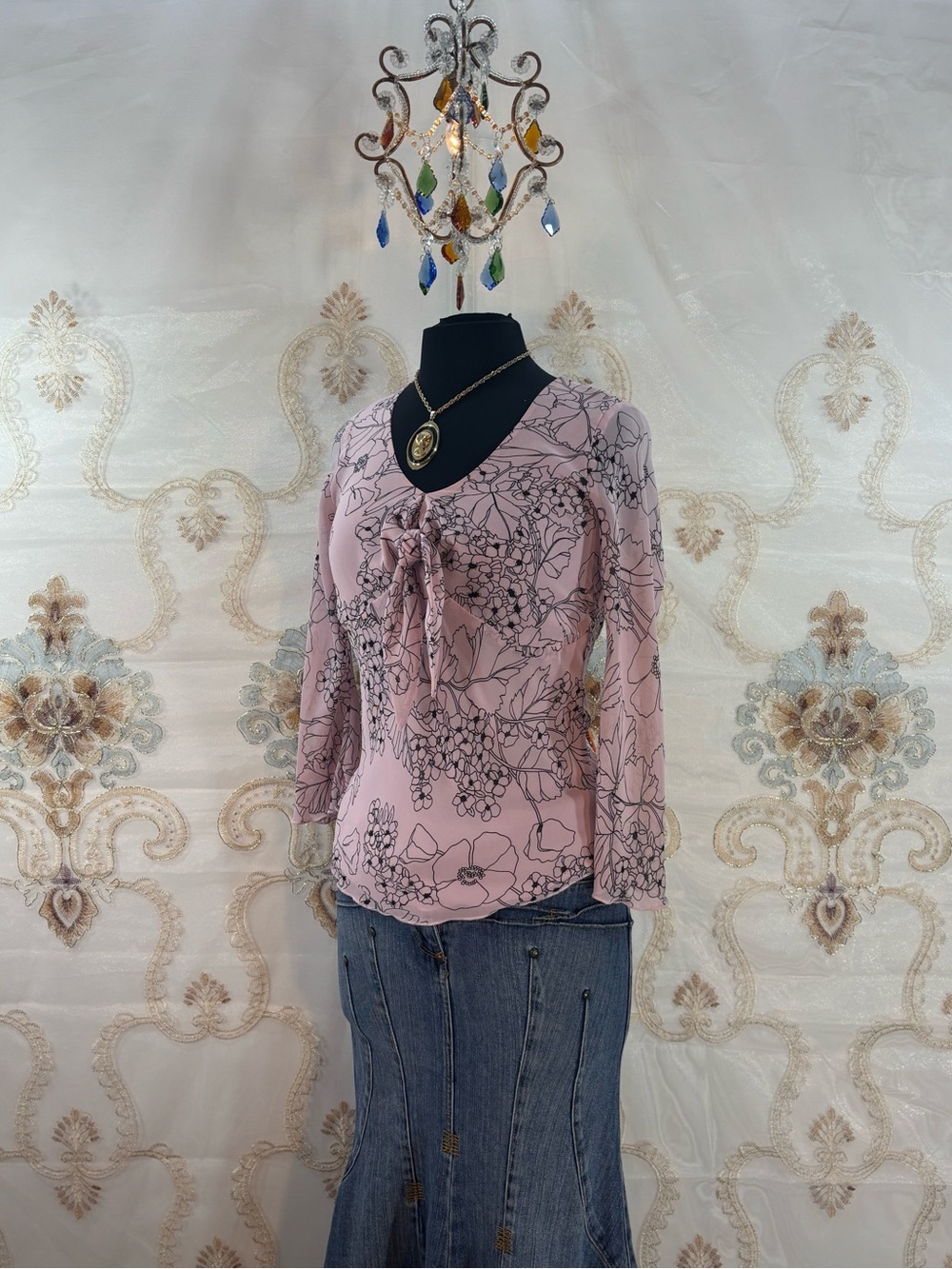 Worthington Pink Floral Tie-Neck Blouse